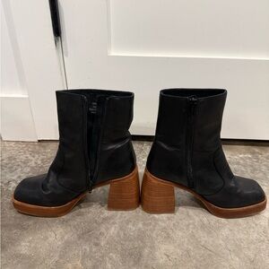 Free People Black Leather Platform Ankle Boots with Wood Stacked Heel